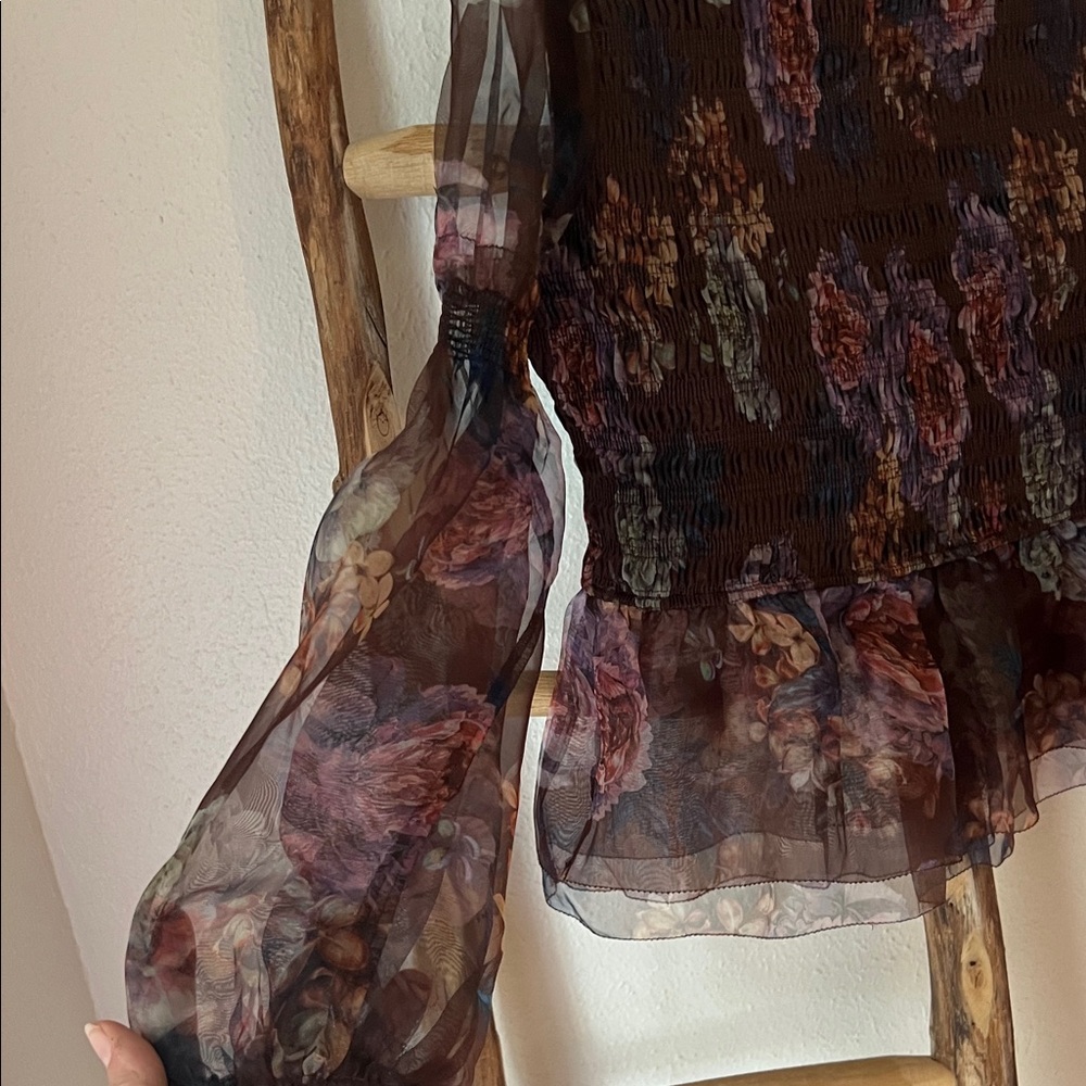 Fate Dark Brown Floral Smocked Sheer Peplum Blouse - Chocolate, Purple XL NWT - Picture 3 of 10